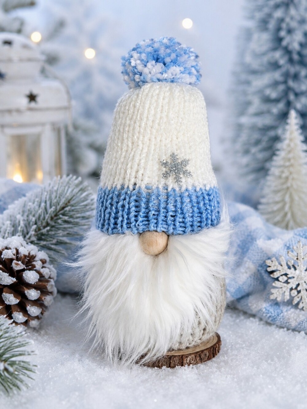 Handmade Winter Gnome Plush Blue White Knit Hat Faux Fur Beard Shelf Sitter Deco